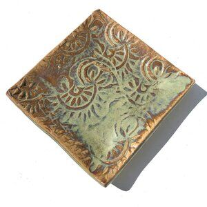 handmade art pottery trinket dish jewelry holder square tan green earth tones